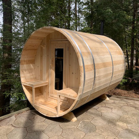 Serenity Barrel Sauna — Complete Kit (HUUM HIVE 6kW + Black Metal Roof + Saunalumin Lighting)