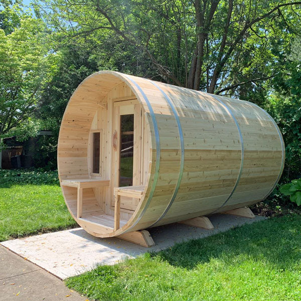 Tranquility Barrel Sauna — Complete Kit (HUUM HIVE 9kW + Black Metal Roof + Saunalumin Lighting)