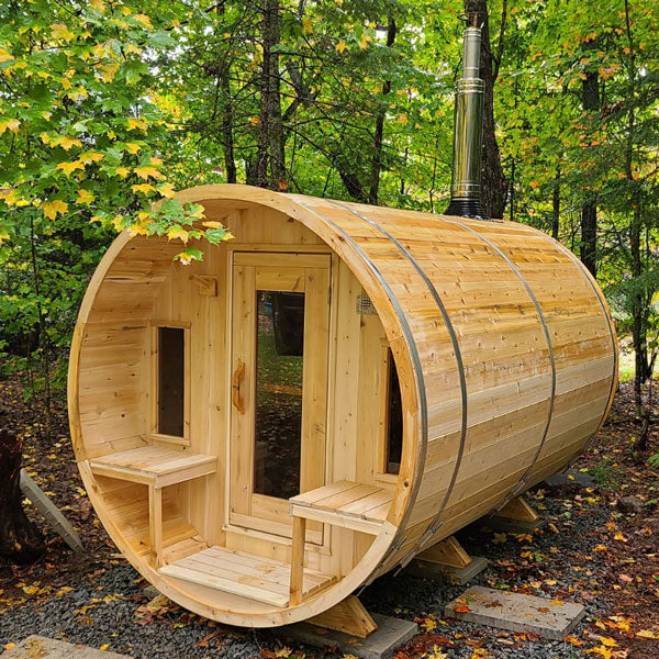 Tranquility Barrel Sauna — Complete Kit (HUUM HIVE 9kW + Black Metal Roof + Saunalumin Lighting)