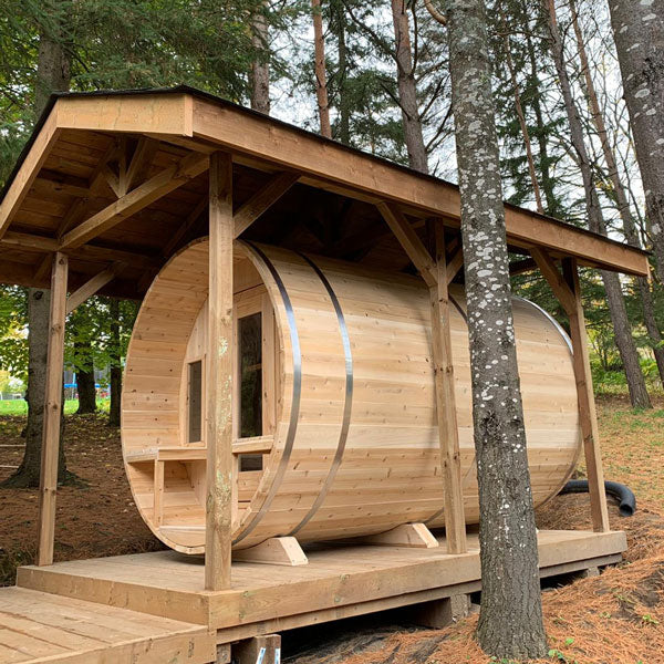 Tranquility Barrel Sauna — Complete Kit (HUUM HIVE 9kW + Black Metal Roof + Saunalumin Lighting)