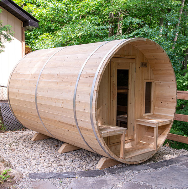 Tranquility Barrel Sauna — Complete Kit (HUUM HIVE 9kW + Black Metal Roof + Saunalumin Lighting)
