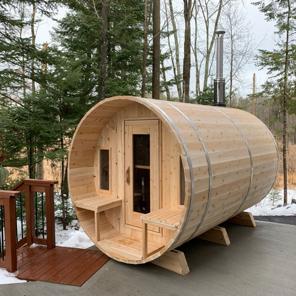 Tranquility Barrel Sauna — Complete Kit (HUUM HIVE 9kW + Black Metal Roof + Saunalumin Lighting)
