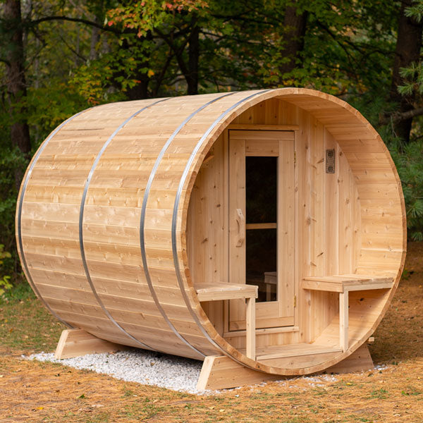Serenity Barrel Sauna — Complete Kit (HUUM HIVE 6kW + Black Metal Roof + Saunalumin Lighting)