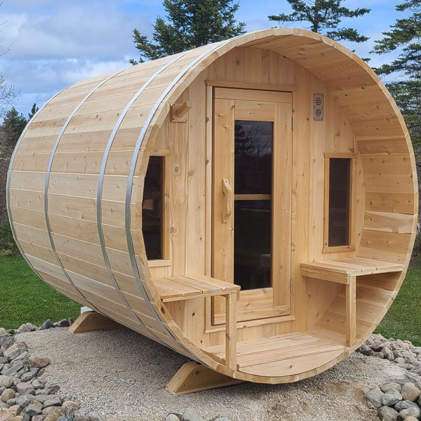 Tranquility Barrel Sauna — Complete Kit (HUUM HIVE 9kW + Black Metal Roof + Saunalumin Lighting)