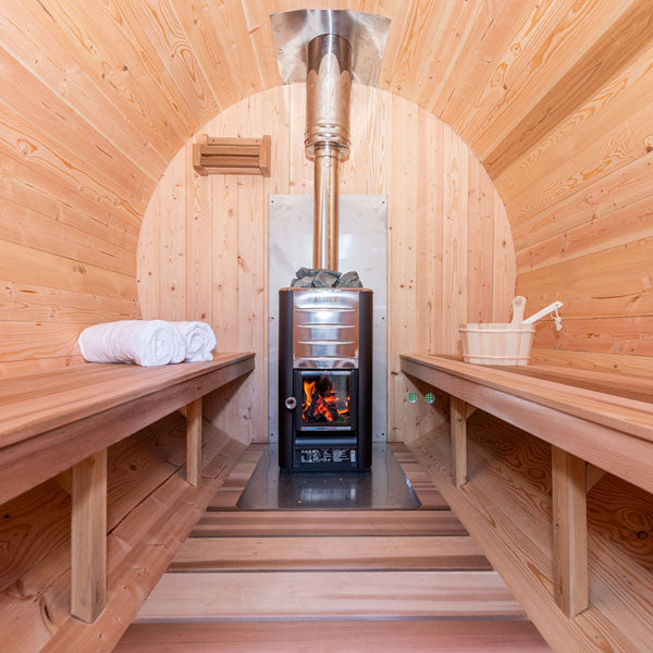 Tranquility Barrel Sauna — Complete Kit (HUUM HIVE 9kW + Black Metal Roof + Saunalumin Lighting)